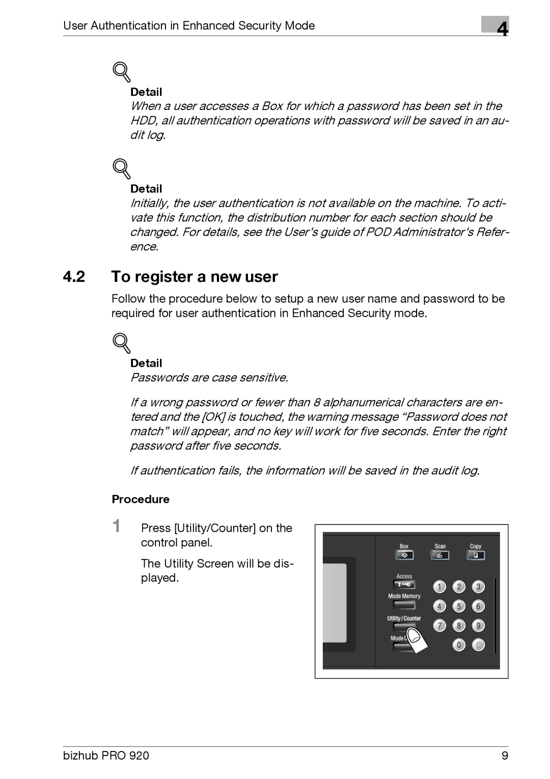 Konica Minolta 920 manual To register a new user, Procedure 