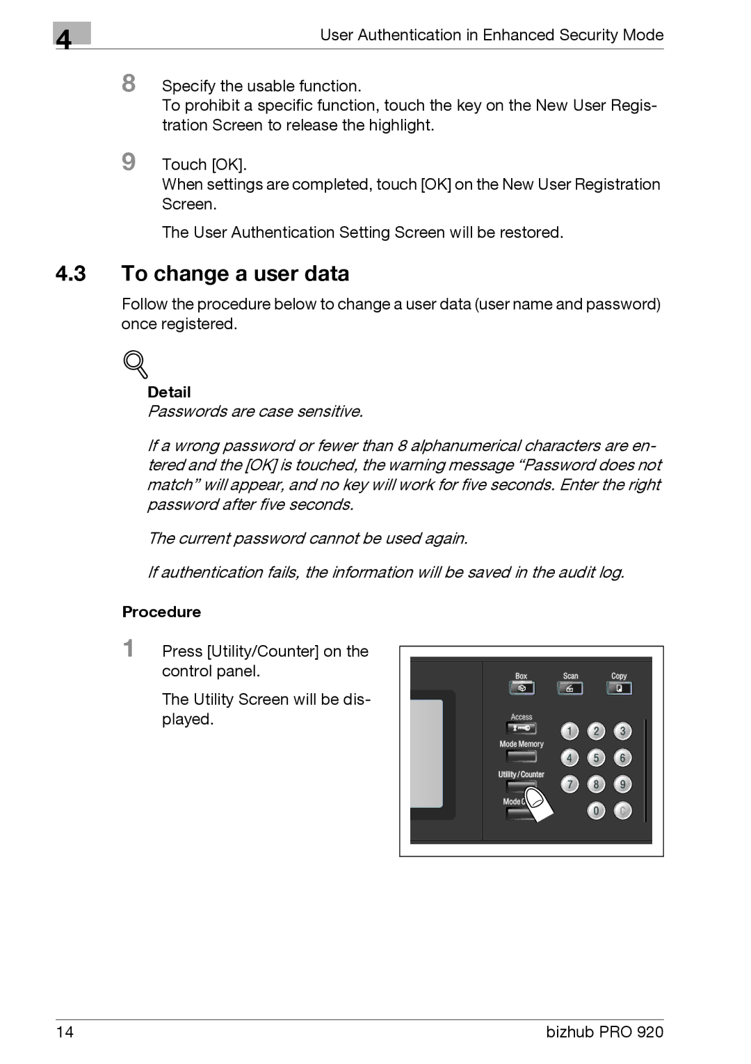 Konica Minolta 920 manual To change a user data, Detail 