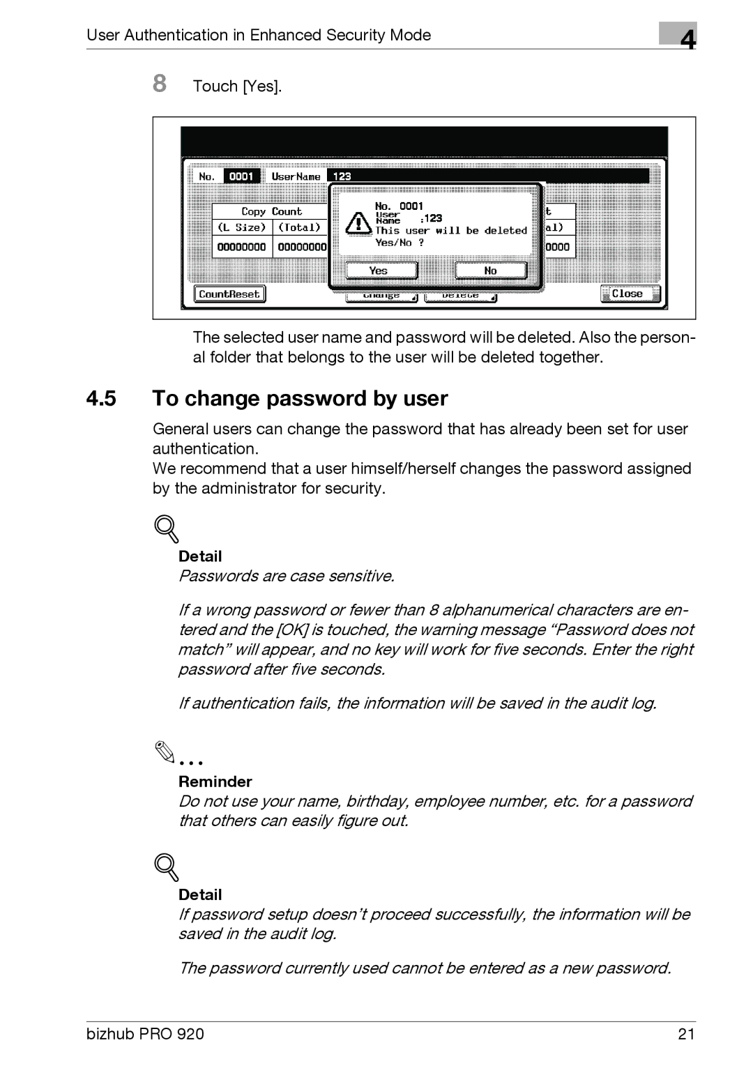 Konica Minolta 920 manual To change password by user, Detail 