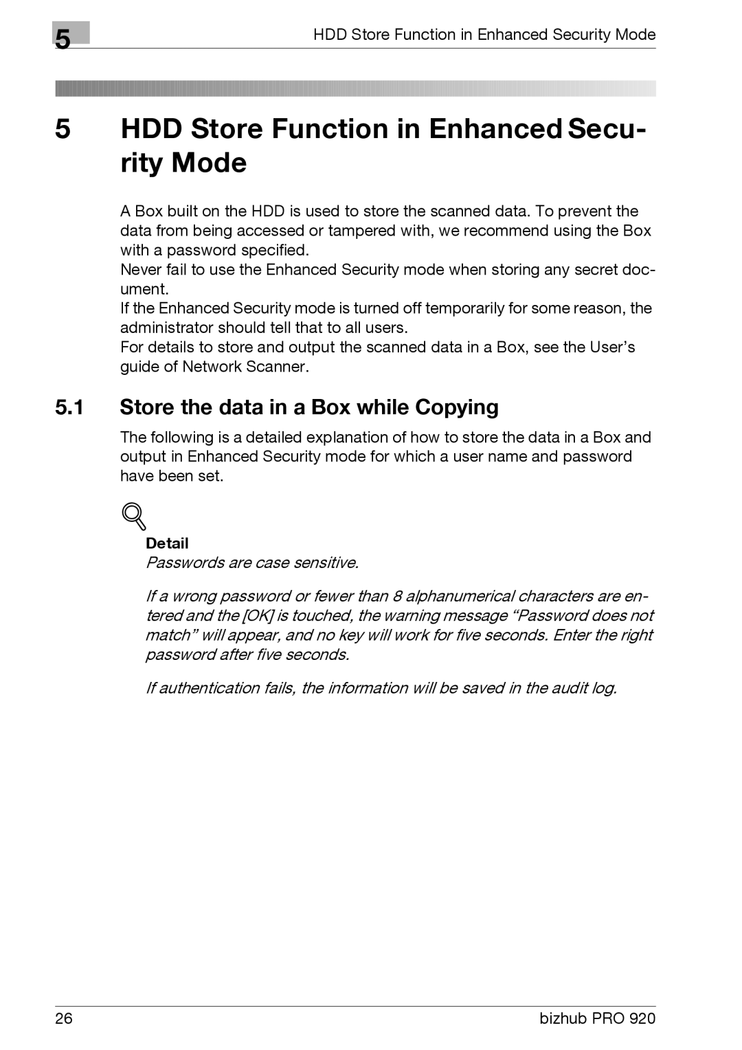 Konica Minolta 920 manual HDD Store Function in Enhanced Secu- rity Mode, Store the data in a Box while Copying 