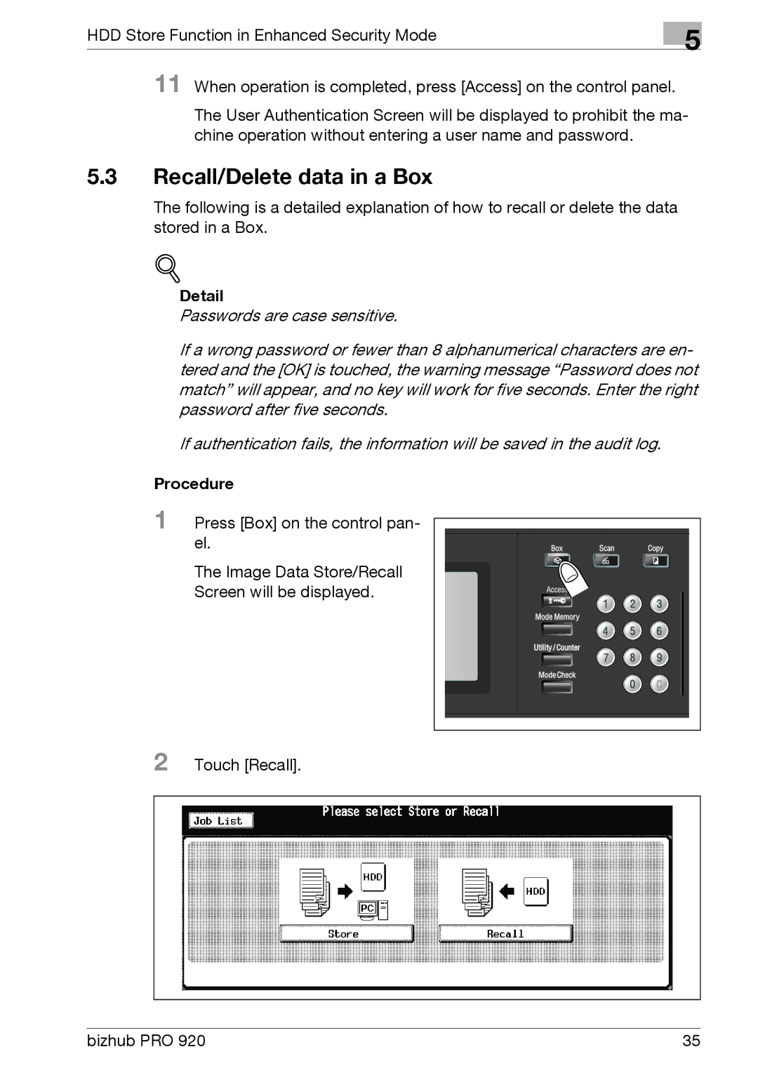 Konica Minolta 920 manual Recall/Delete data in a Box, Detail 