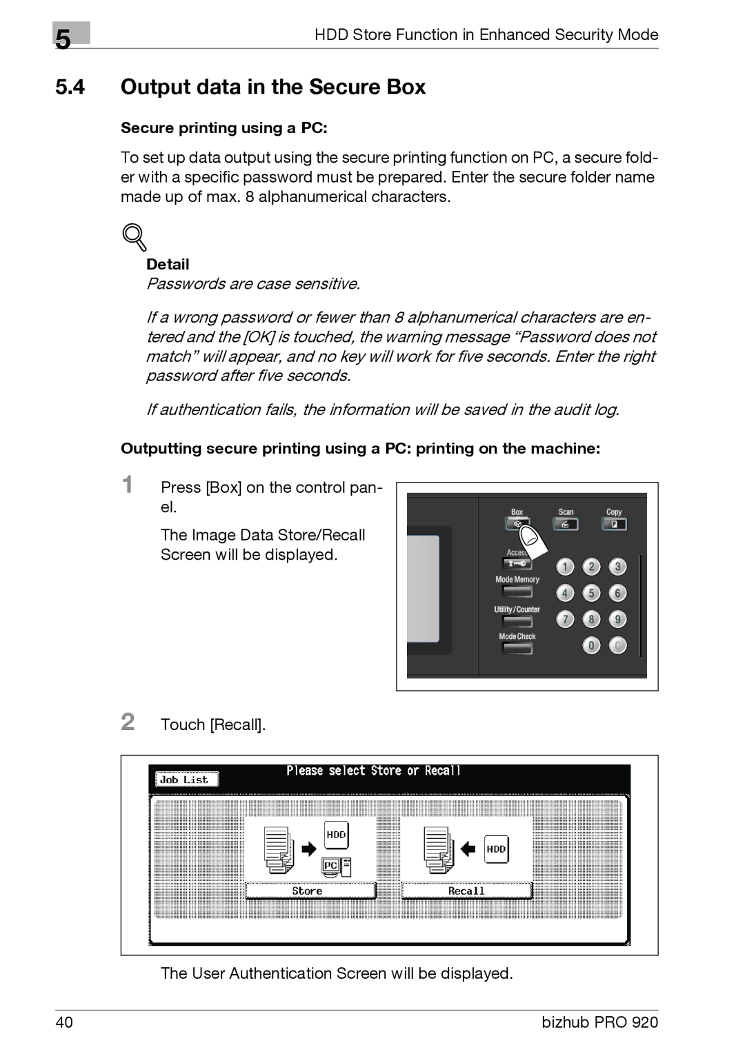 Konica Minolta 920 manual Output data in the Secure Box, Secure printing using a PC 