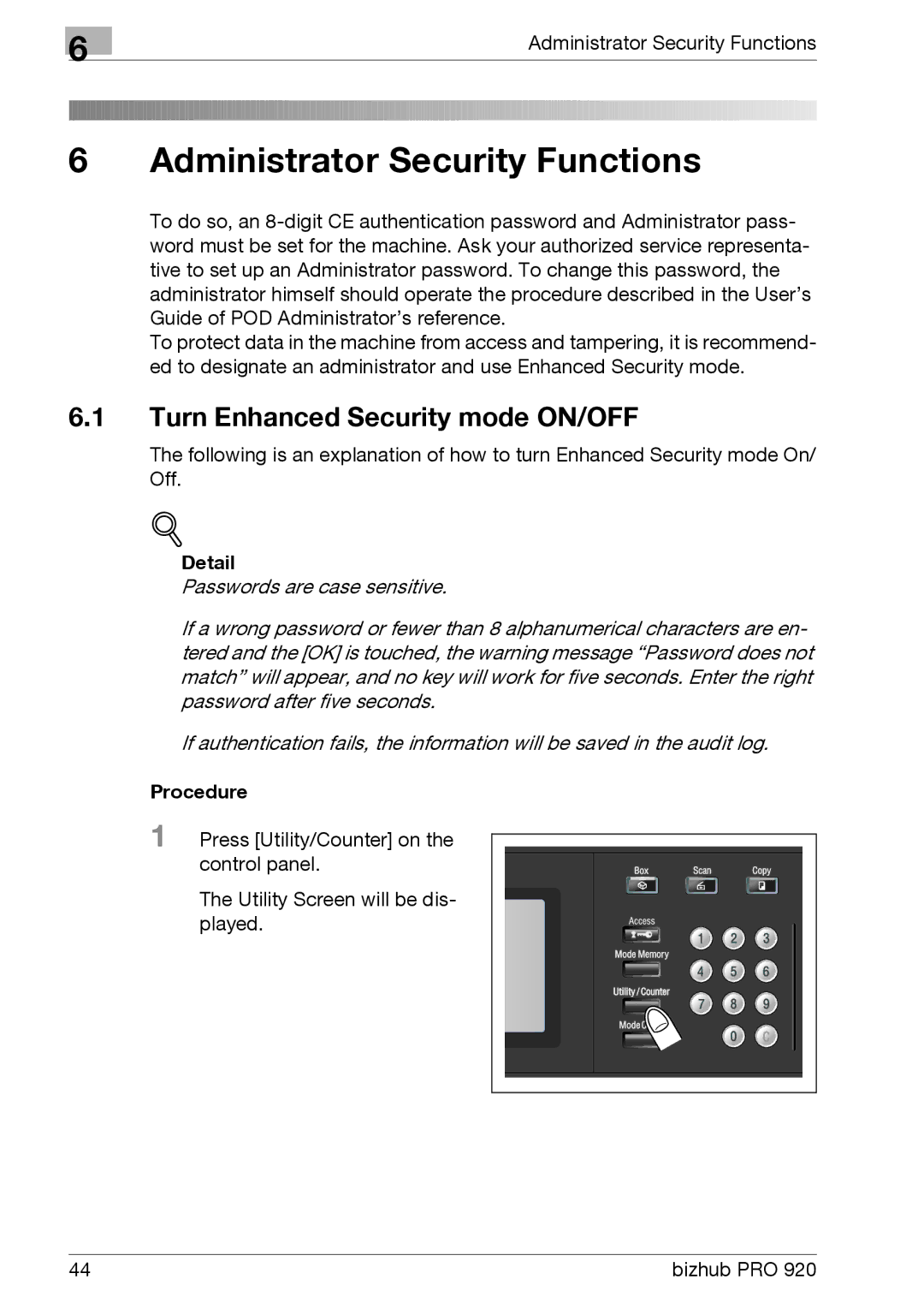 Konica Minolta 920 manual Administrator Security Functions, Turn Enhanced Security mode ON/OFF 