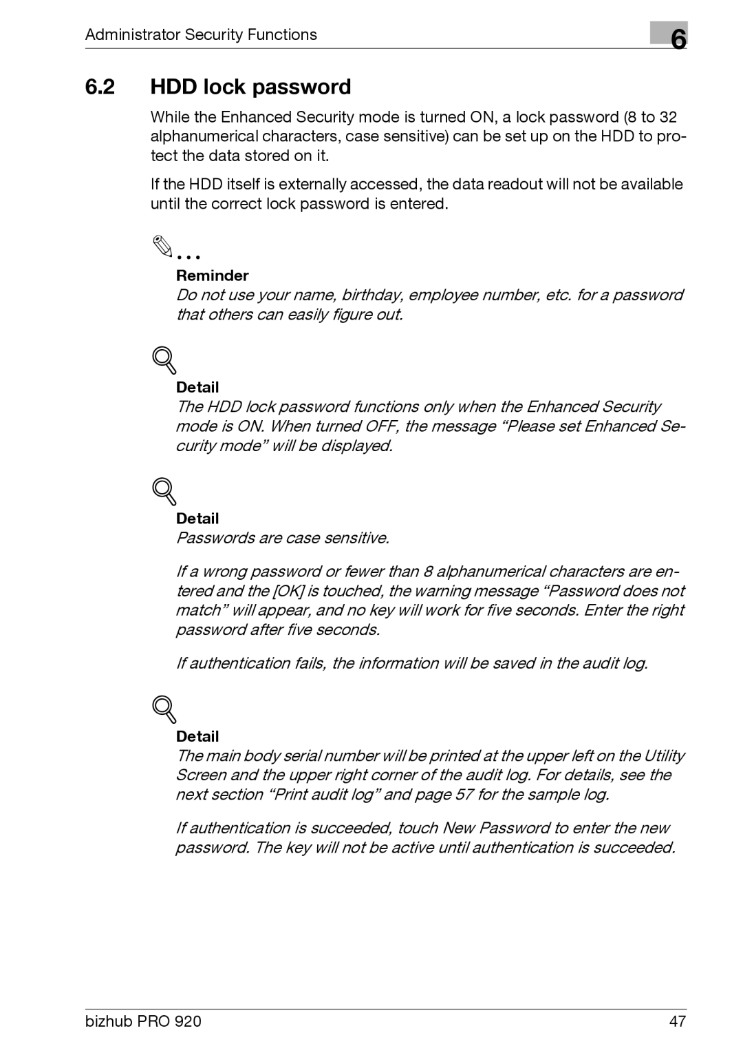 Konica Minolta 920 manual HDD lock password, Reminder 