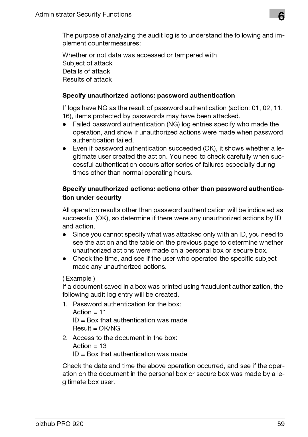 Konica Minolta 920 manual Specify unauthorized actions password authentication 