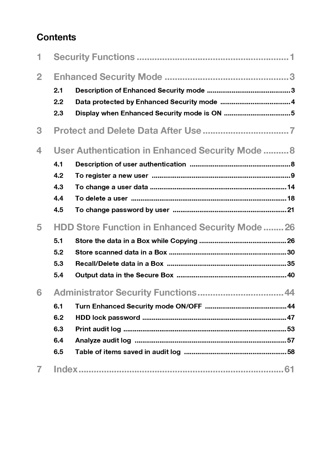 Konica Minolta 920 manual Contents, Security Functions Enhanced Security Mode 