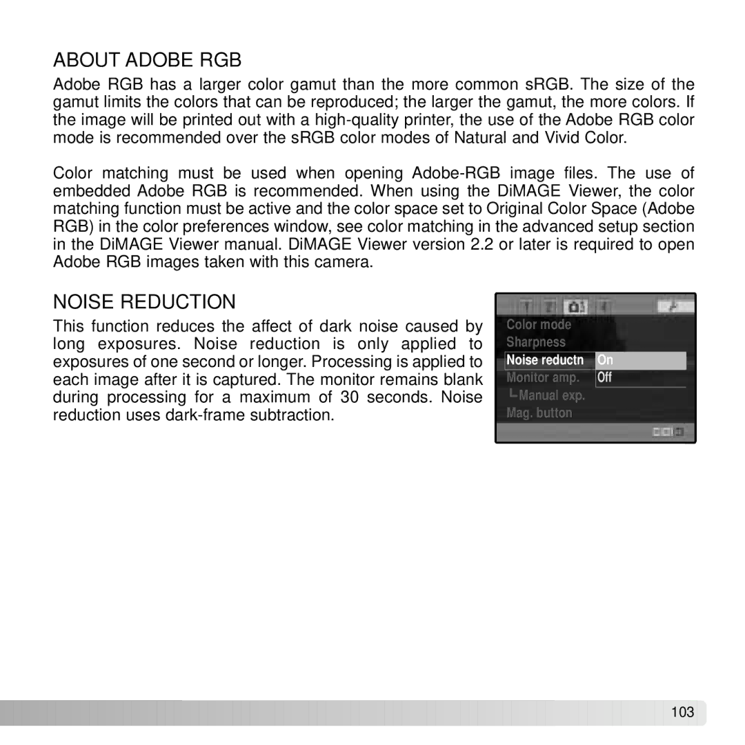 Konica Minolta A2 instruction manual About Adobe RGB, Noise Reduction 