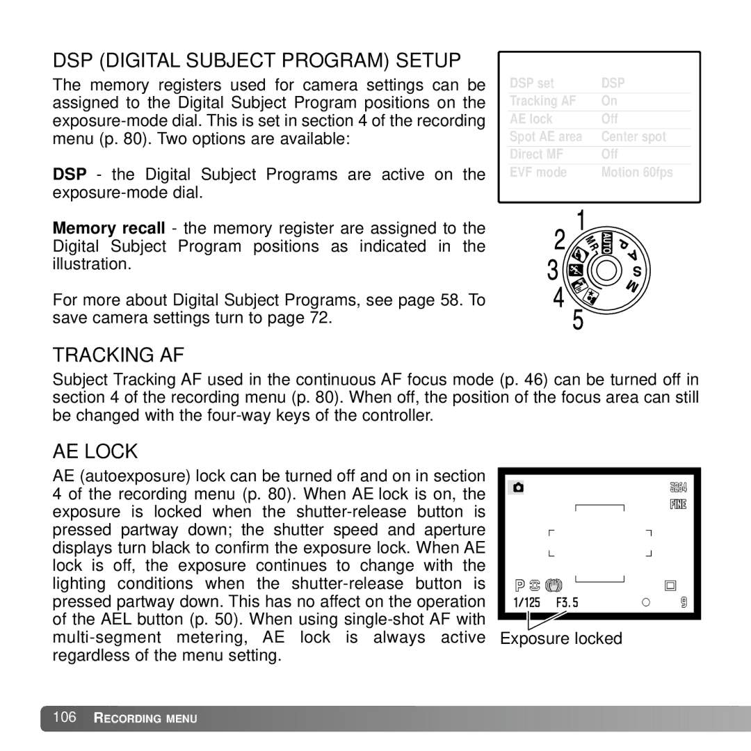 Konica Minolta A2 instruction manual DSP Digital Subject Program Setup, Tracking AF, AE Lock 