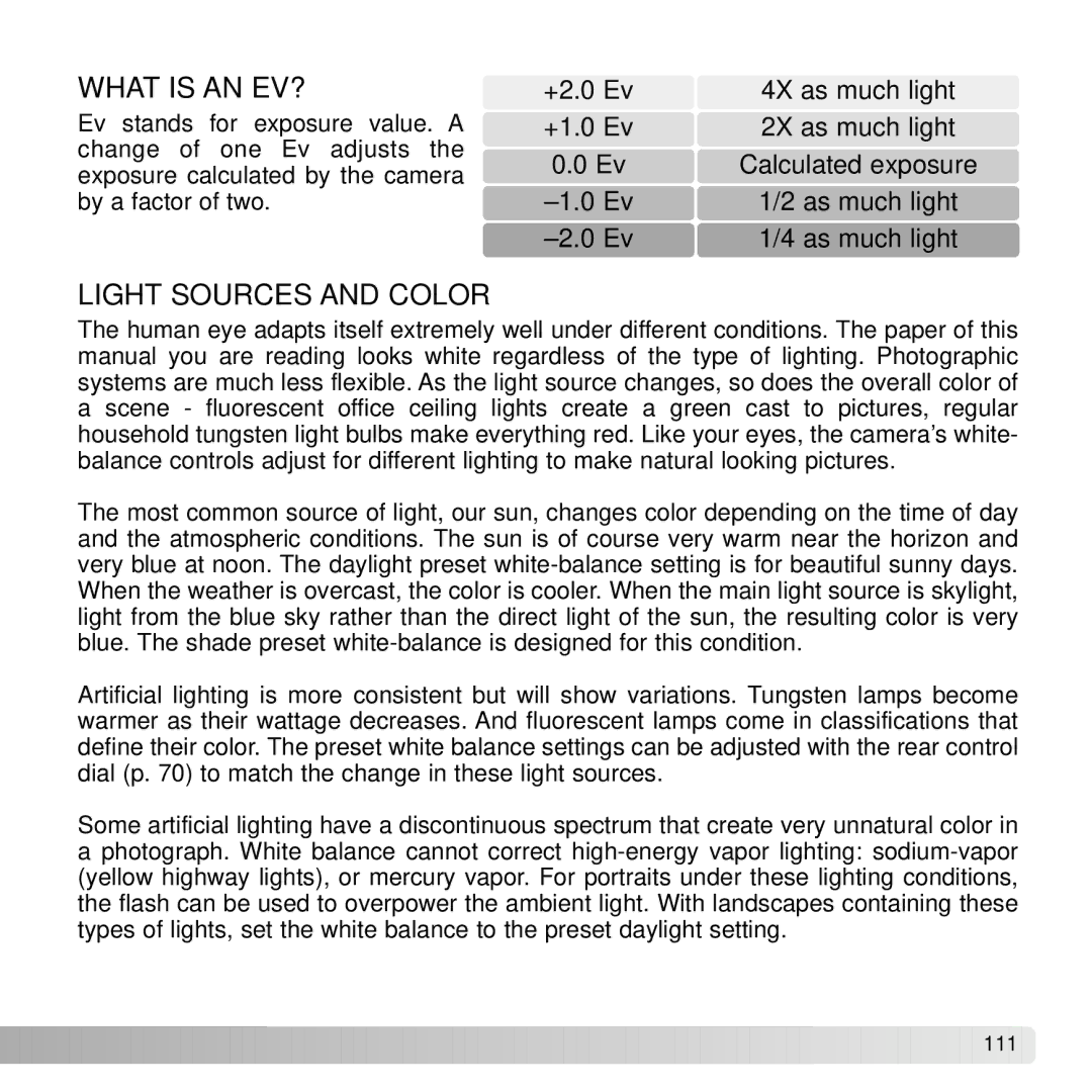 Konica Minolta A2 instruction manual What is AN EV?, Light Sources and Color 