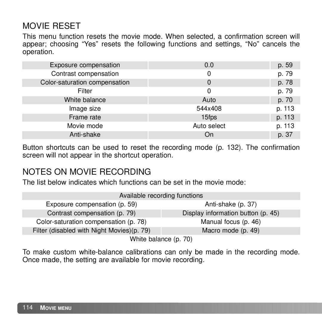 Konica Minolta A2 instruction manual Movie Reset 