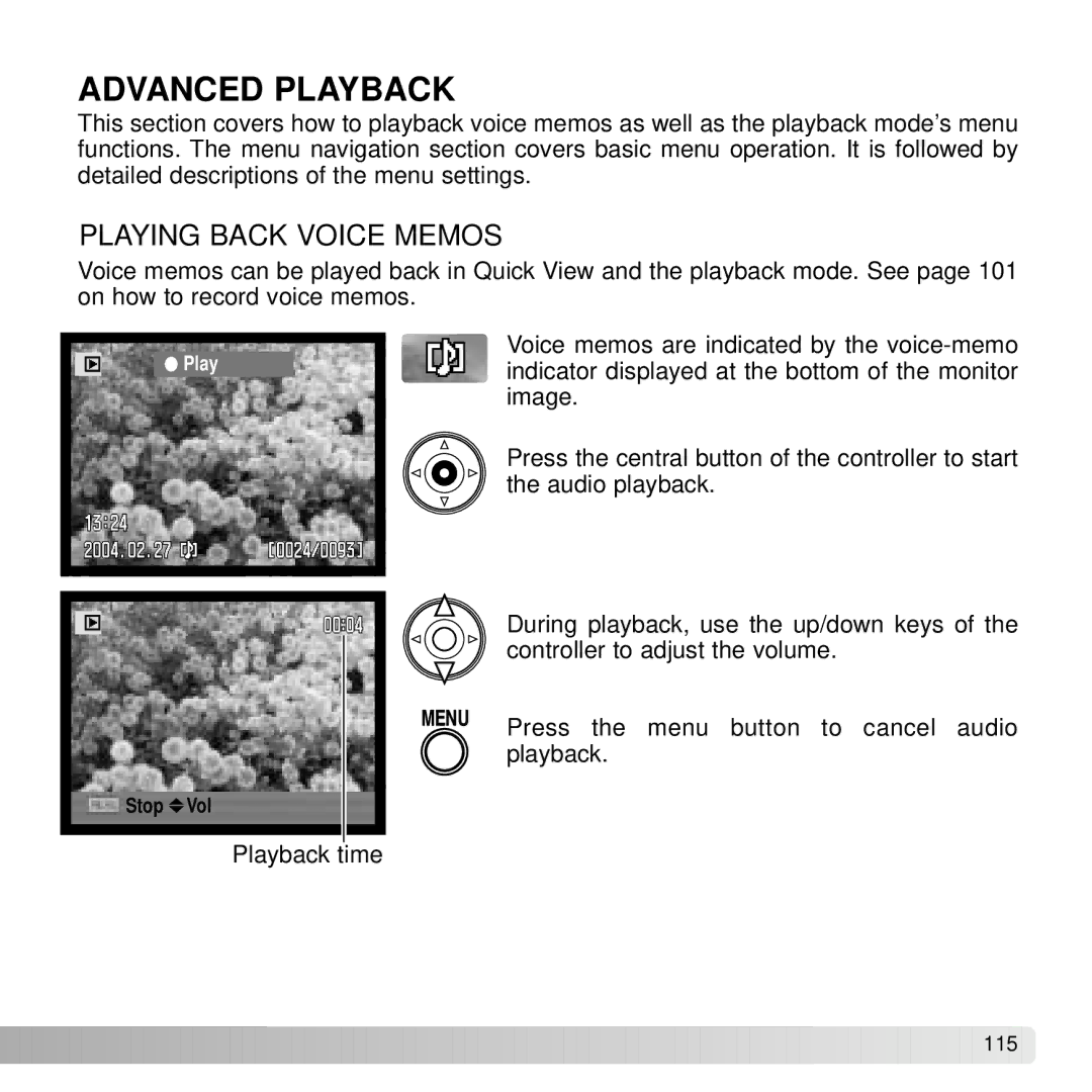 Konica Minolta A2 instruction manual Advanced Playback, Playing Back Voice Memos 