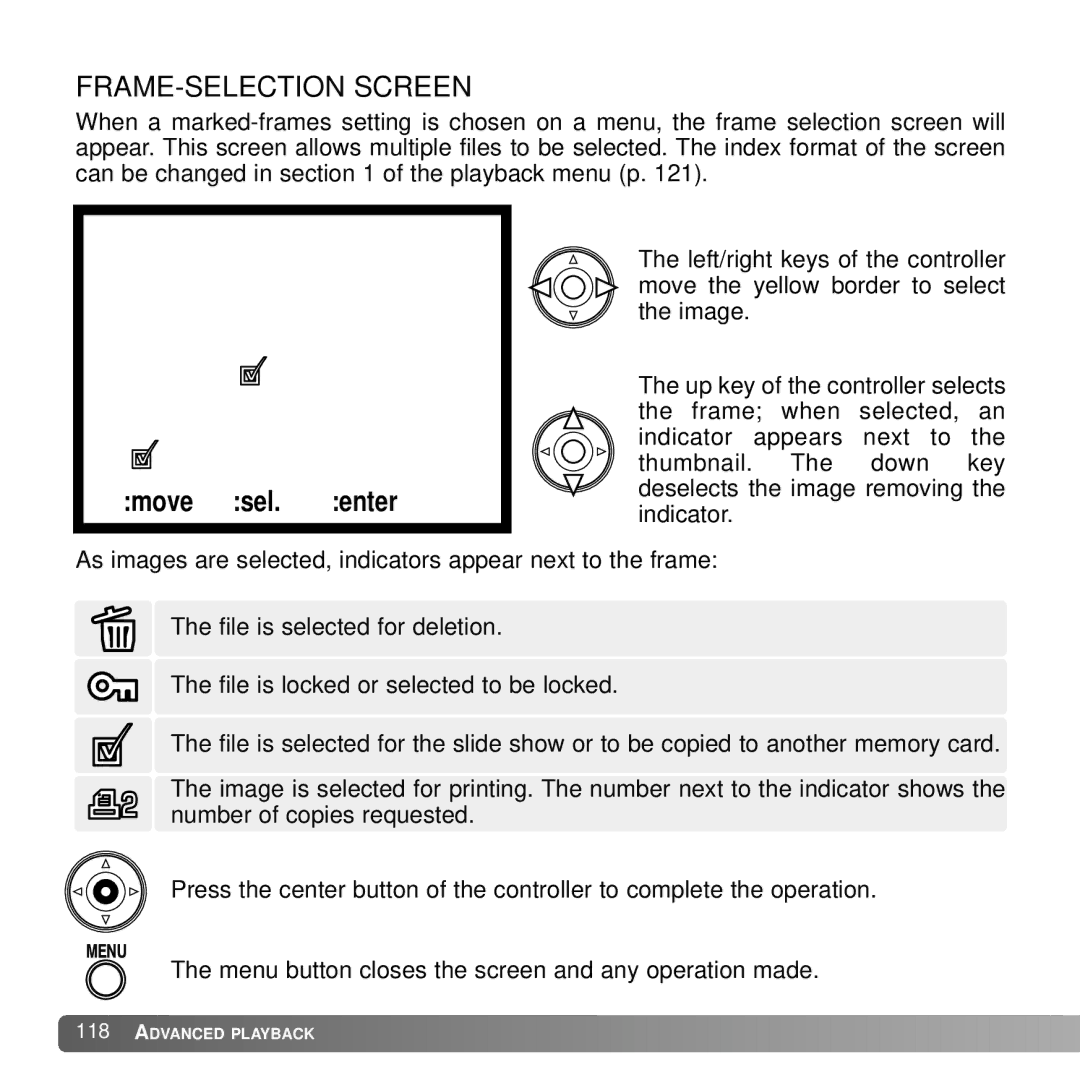 Konica Minolta A2 instruction manual FRAME-SELECTION Screen, Move sel. enter 