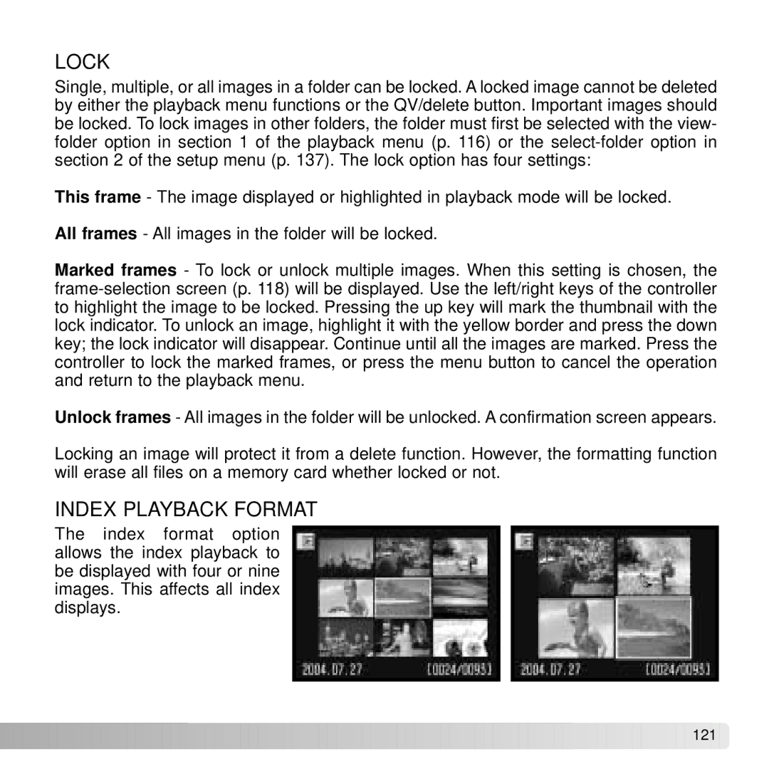 Konica Minolta A2 instruction manual Lock, Index Playback Format 