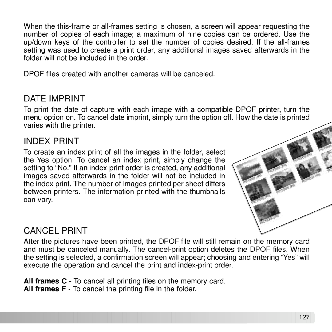 Konica Minolta A2 instruction manual Date Imprint, Index Print, Cancel Print 