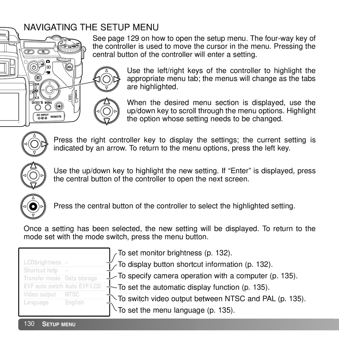 Konica Minolta A2 instruction manual Navigating the Setup Menu 