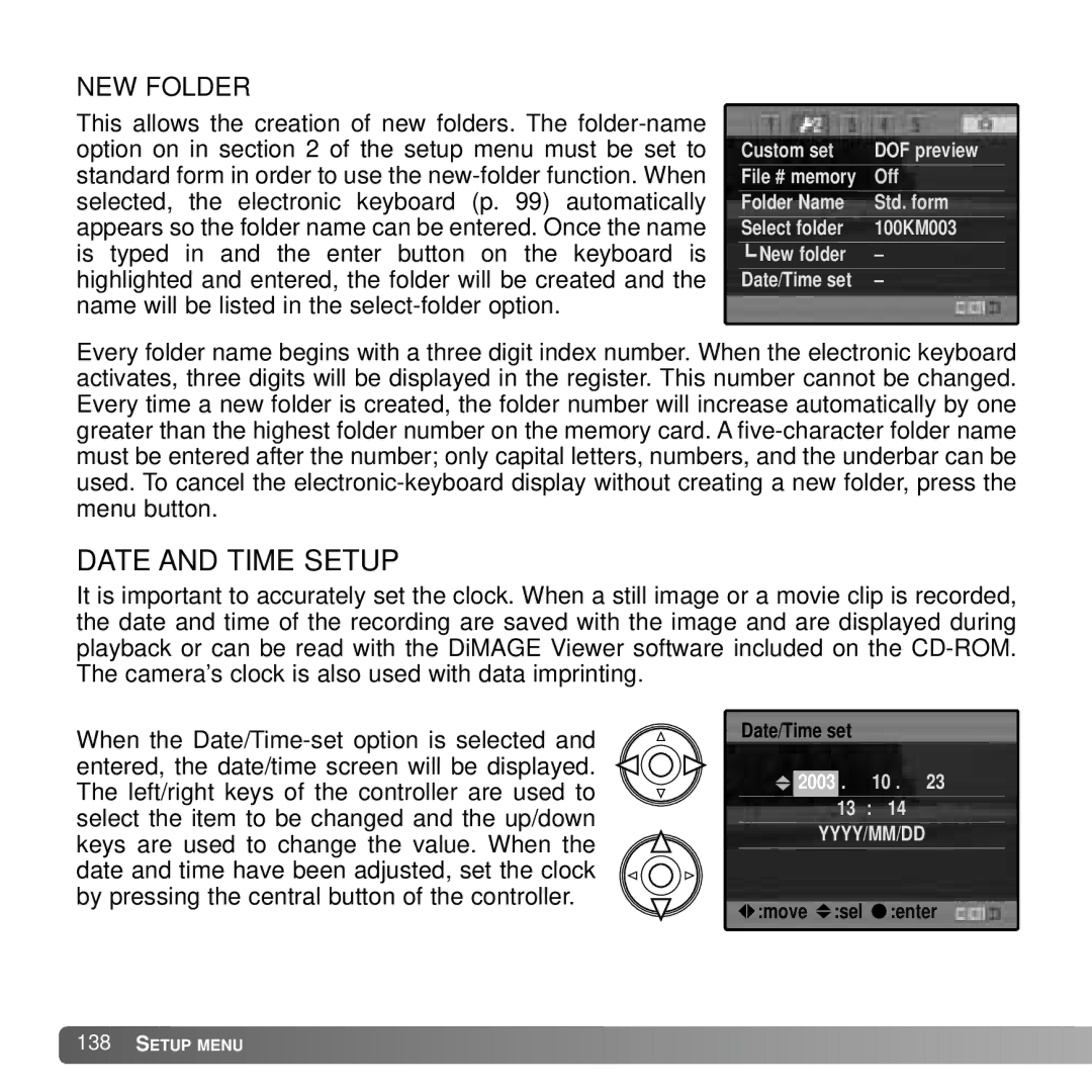 Konica Minolta A2 instruction manual Date and Time Setup, NEW Folder 