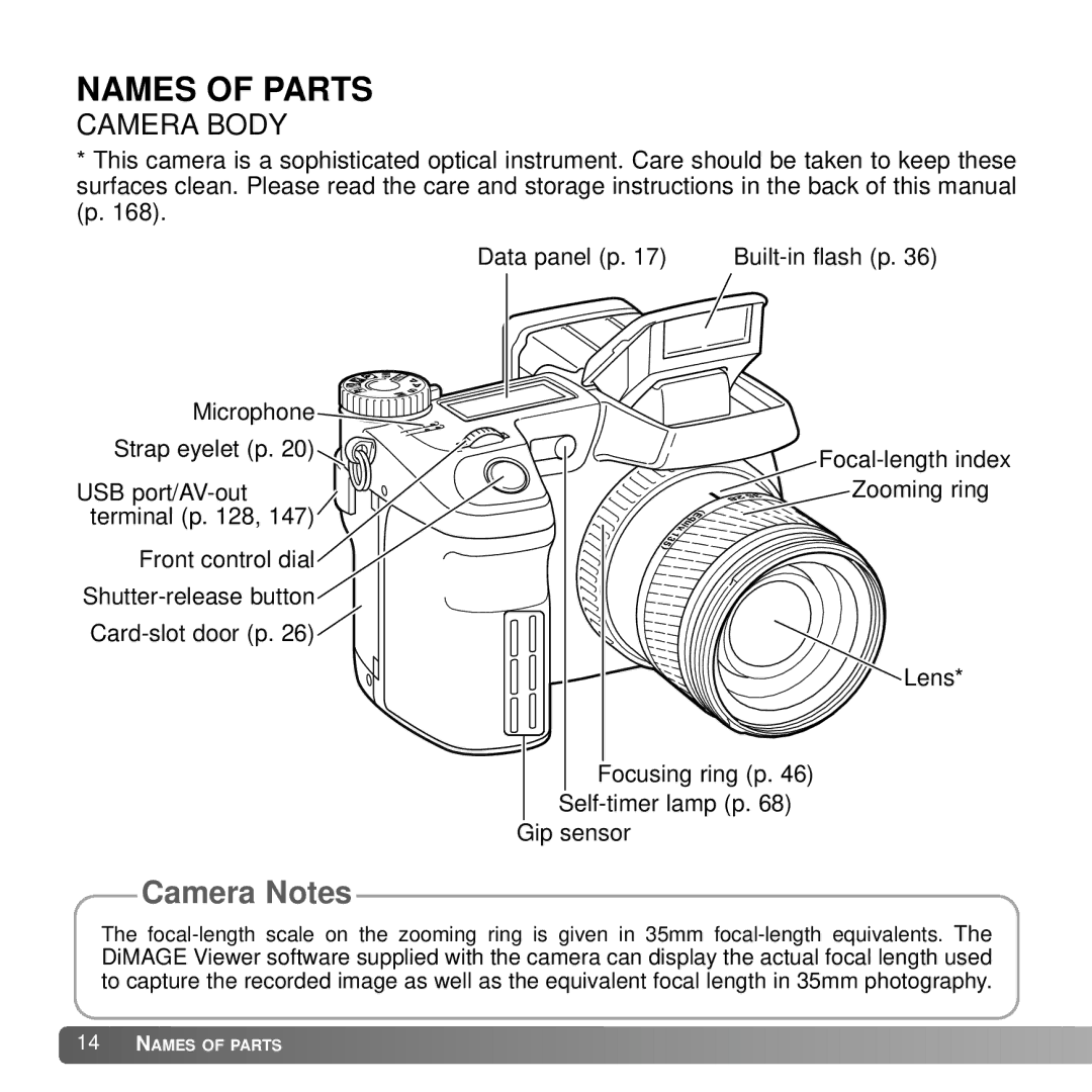 Konica Minolta A2 instruction manual Names of Parts, Camera Body 