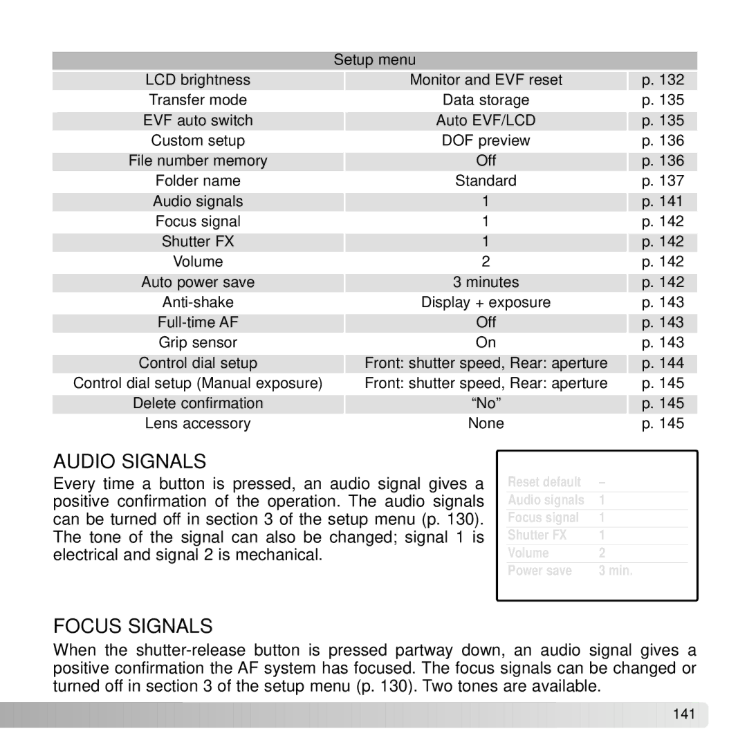 Konica Minolta A2 instruction manual Audio Signals, Focus Signals 