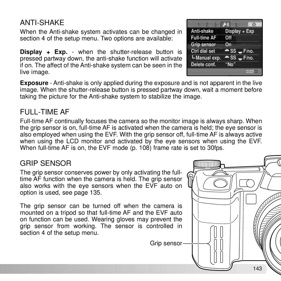 Konica Minolta A2 instruction manual Anti-Shake, Full-Time Af, Grip Sensor 