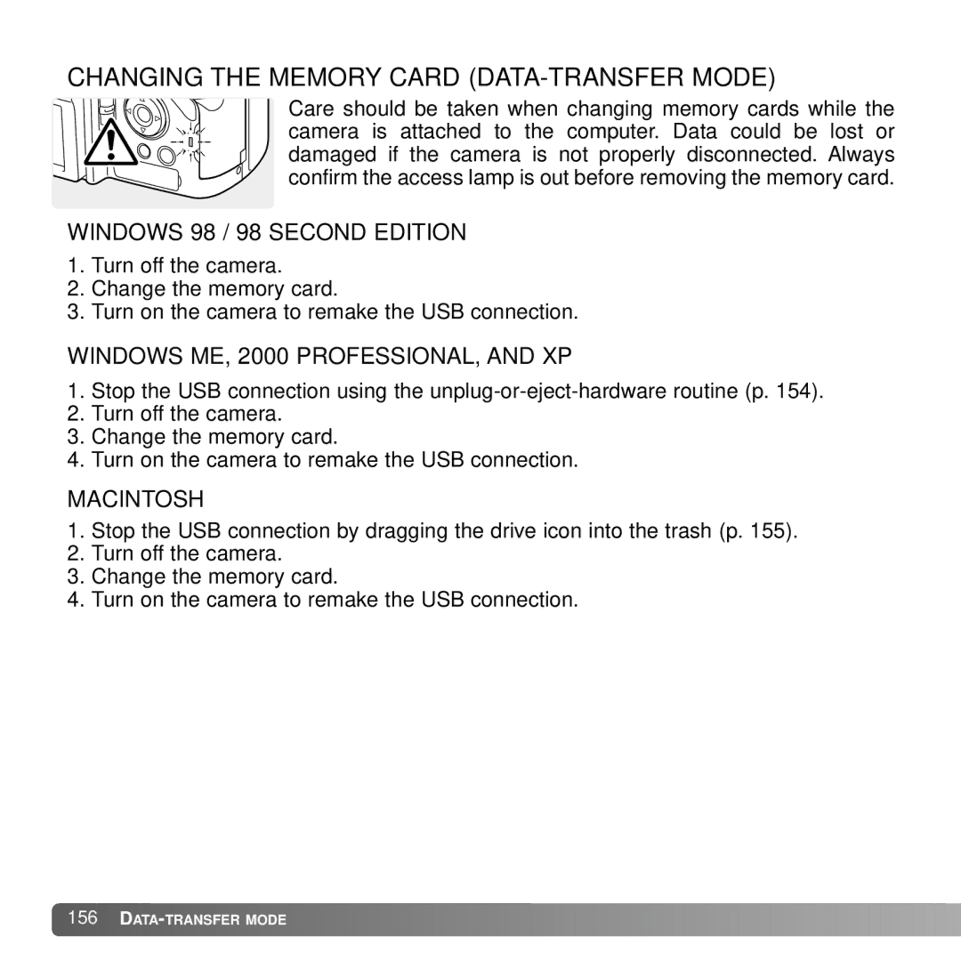 Konica Minolta A2 instruction manual Changing the Memory Card DATA-TRANSFER Mode 