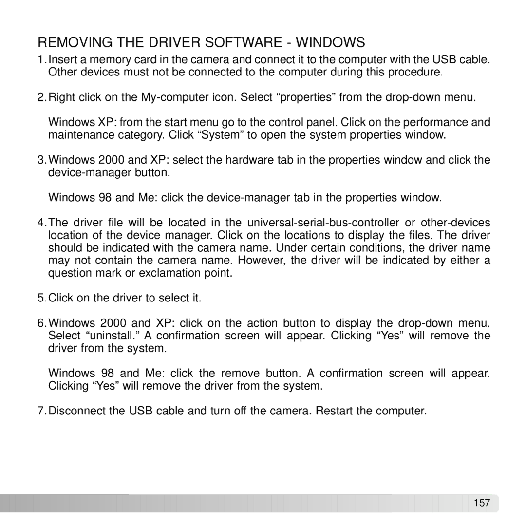 Konica Minolta A2 instruction manual Removing the Driver Software Windows 