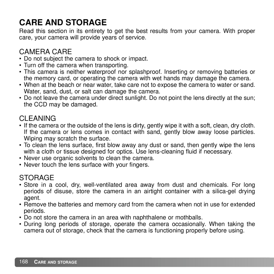 Konica Minolta A2 instruction manual Care and Storage, Camera Care, Cleaning 