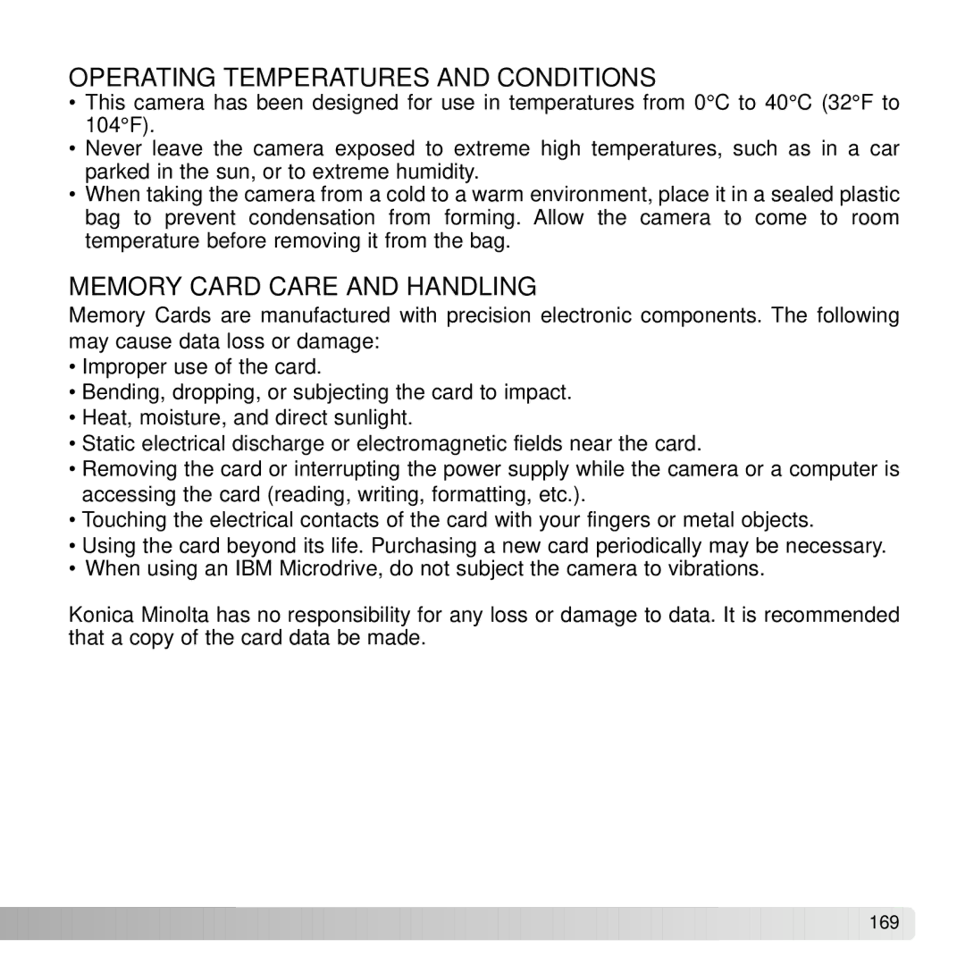 Konica Minolta A2 instruction manual Operating Temperatures and Conditions, Memory Card Care and Handling 