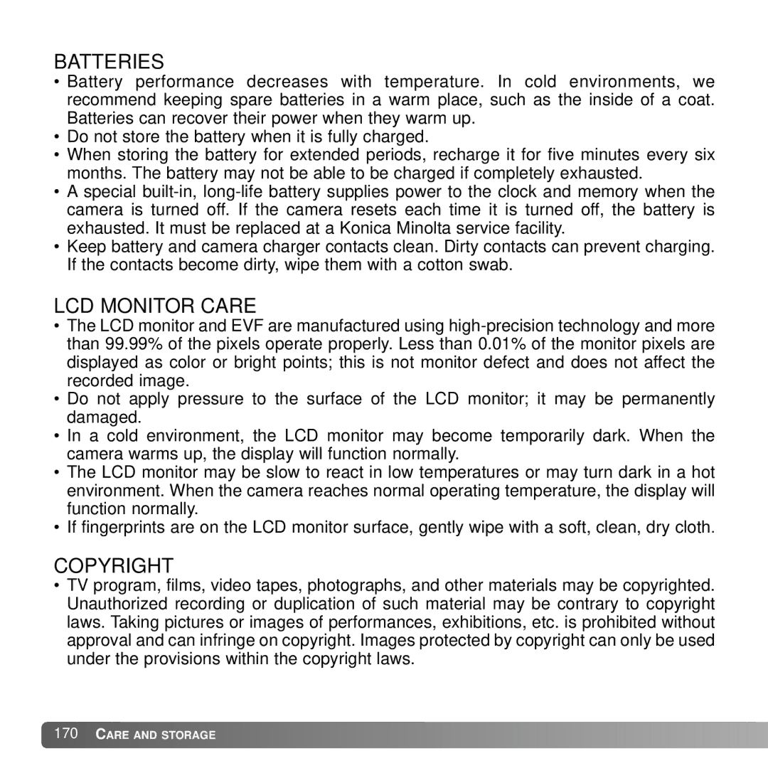 Konica Minolta A2 instruction manual Batteries, LCD Monitor Care, Copyright 