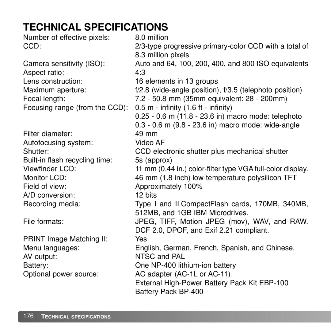 Konica Minolta A2 instruction manual Technical Specifications 