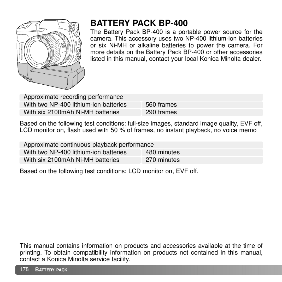 Konica Minolta A2 instruction manual Battery Pack BP-400 