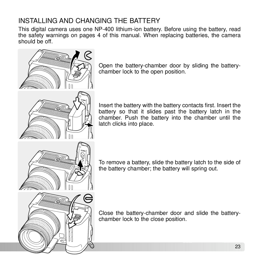 Konica Minolta A2 instruction manual Installing and Changing the Battery 