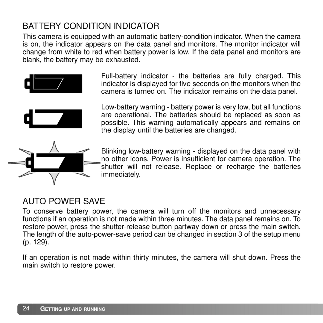 Konica Minolta A2 instruction manual Battery Condition Indicator, Auto Power Save 