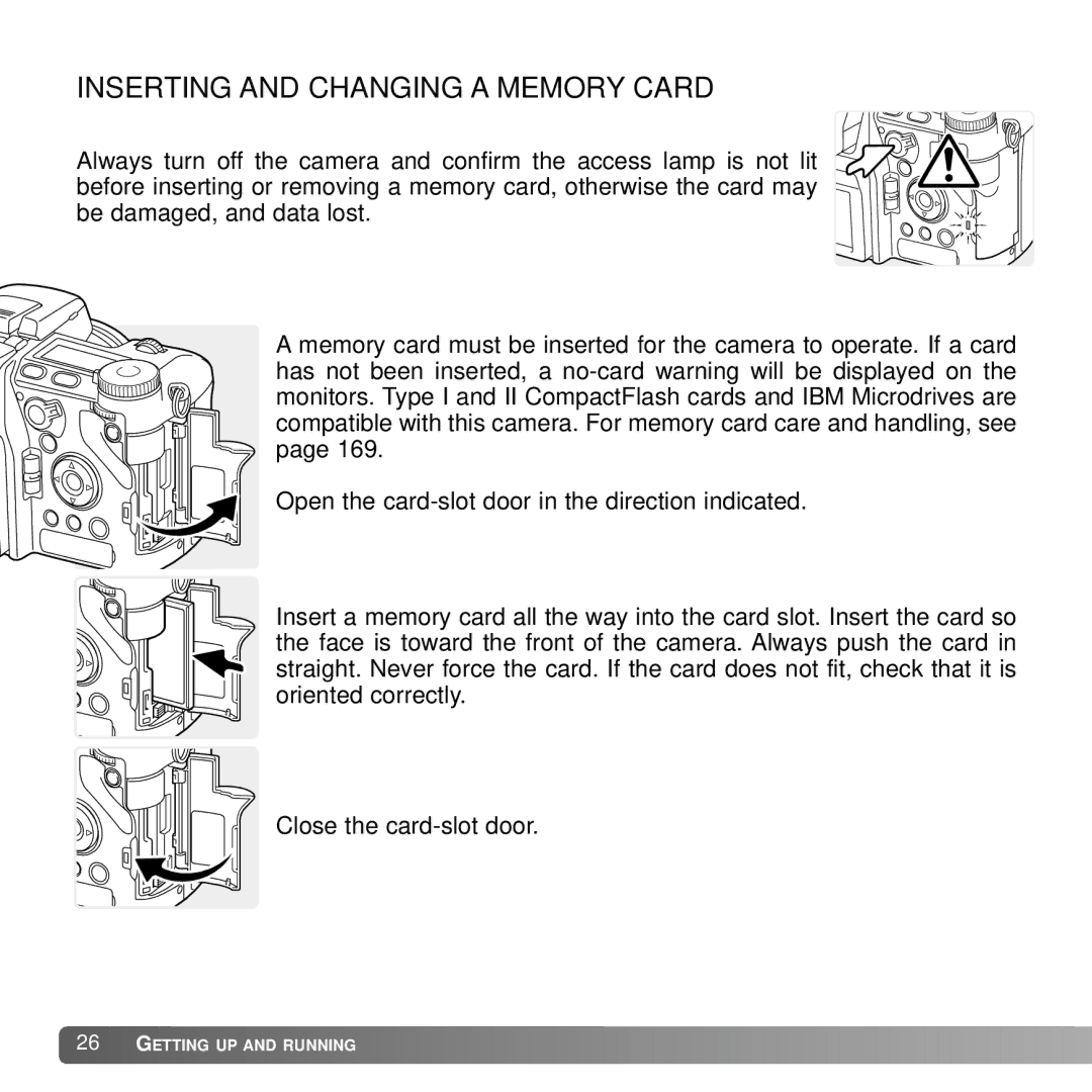 Konica Minolta A2 instruction manual Inserting and Changing a Memory Card 