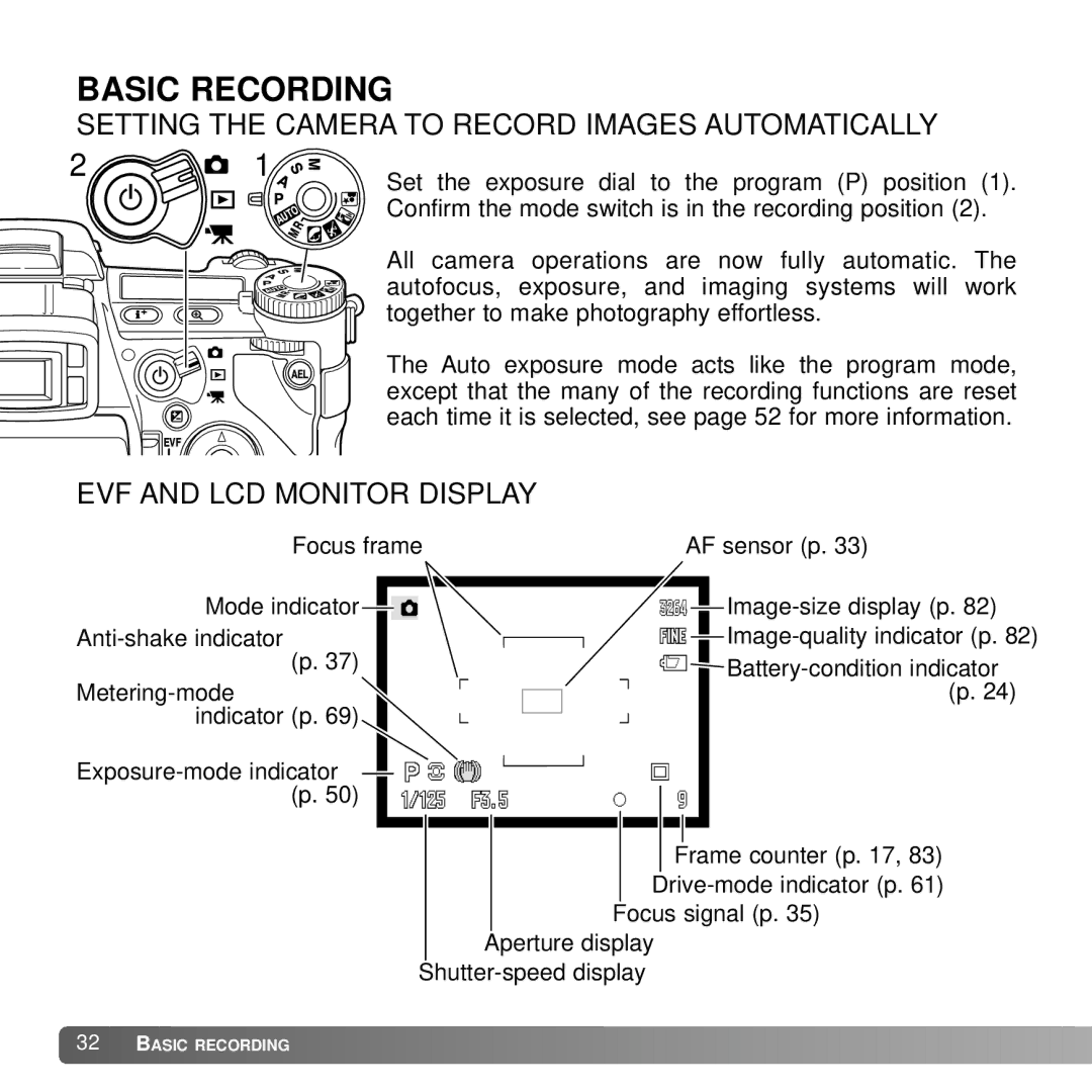 Konica Minolta A2 Basic Recording, Setting the Camera to Record Images Automatically, EVF and LCD Monitor Display 