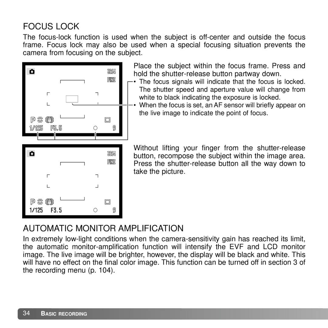 Konica Minolta A2 instruction manual Focus Lock, Automatic Monitor Amplification 