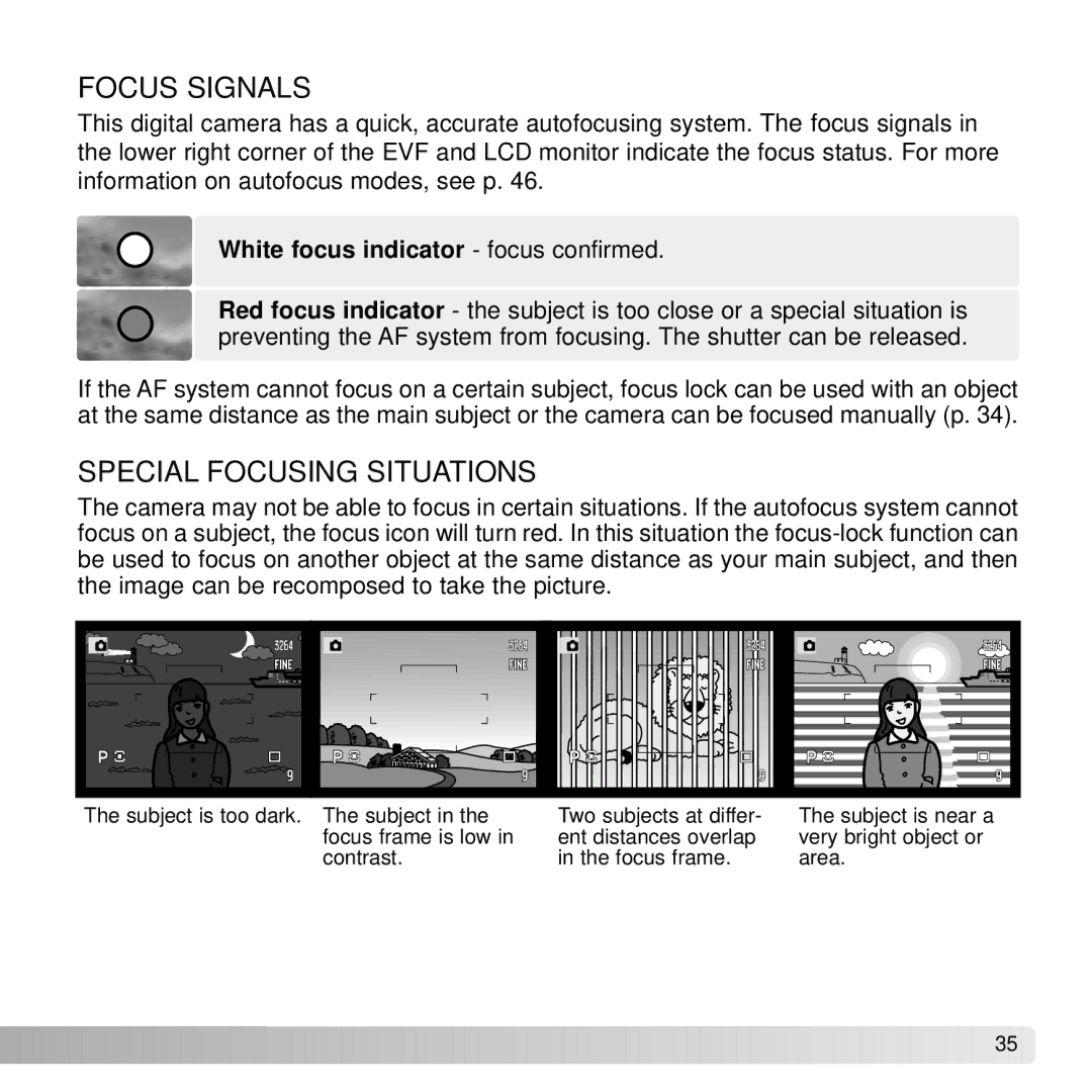 Konica Minolta A2 instruction manual Focus Signals, Special Focusing Situations 