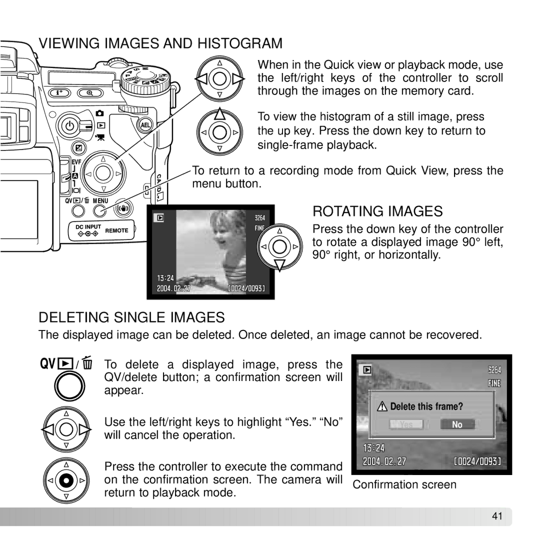 Konica Minolta A2 instruction manual Viewing Images and Histogram, Rotating Images, Deleting Single Images 