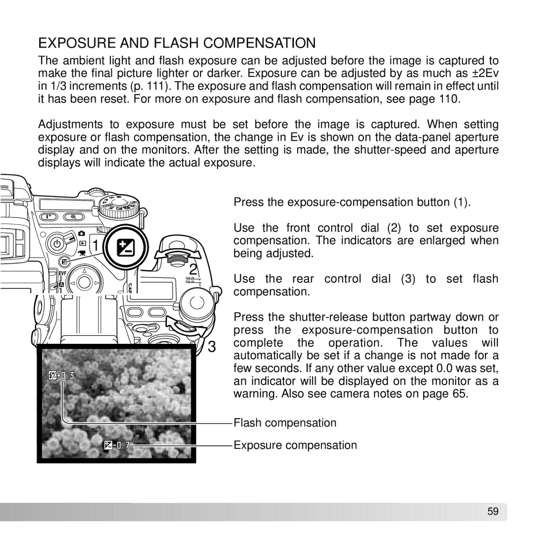 Konica Minolta A2 instruction manual Exposure and Flash Compensation 