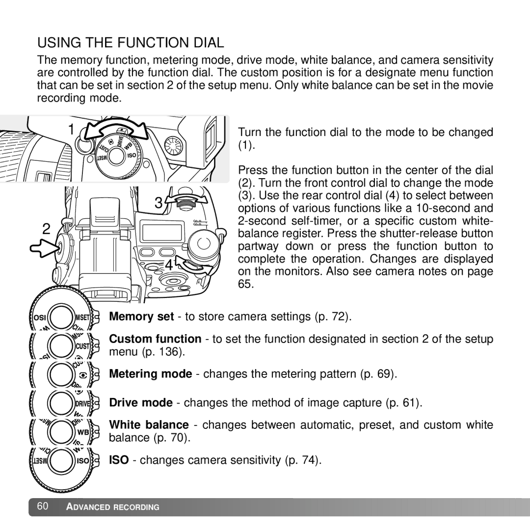 Konica Minolta A2 instruction manual Using the Function Dial 