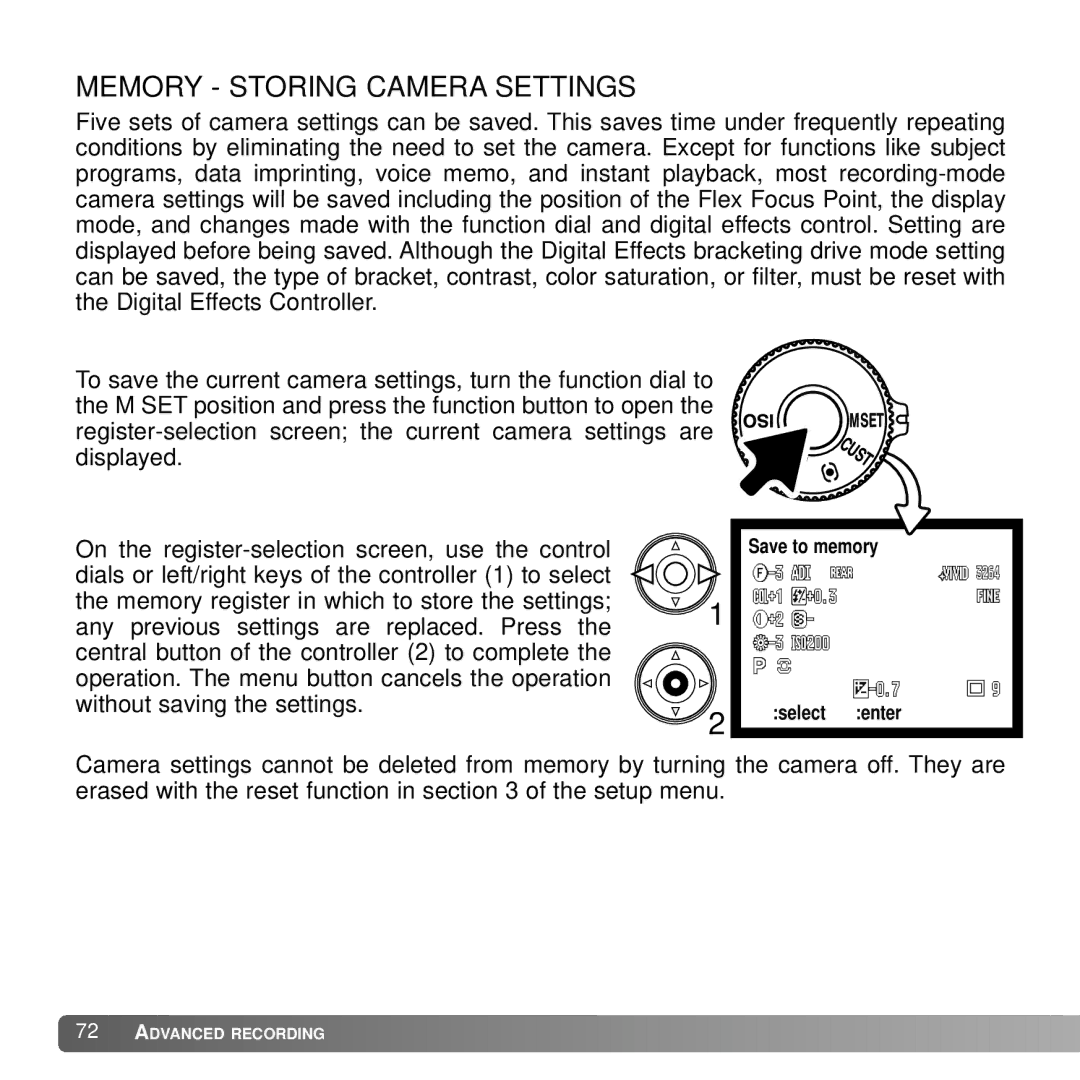 Konica Minolta A2 instruction manual Memory Storing Camera Settings 