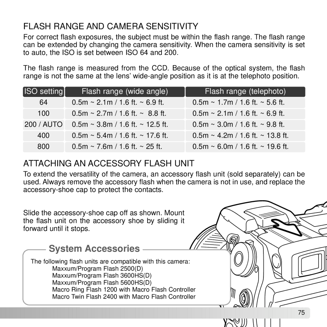 Konica Minolta A2 instruction manual Flash Range and Camera Sensitivity, Attaching AN Accessory Flash Unit 