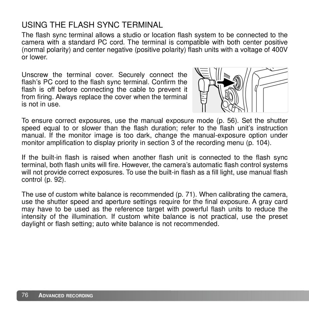 Konica Minolta A2 instruction manual Using the Flash Sync Terminal 