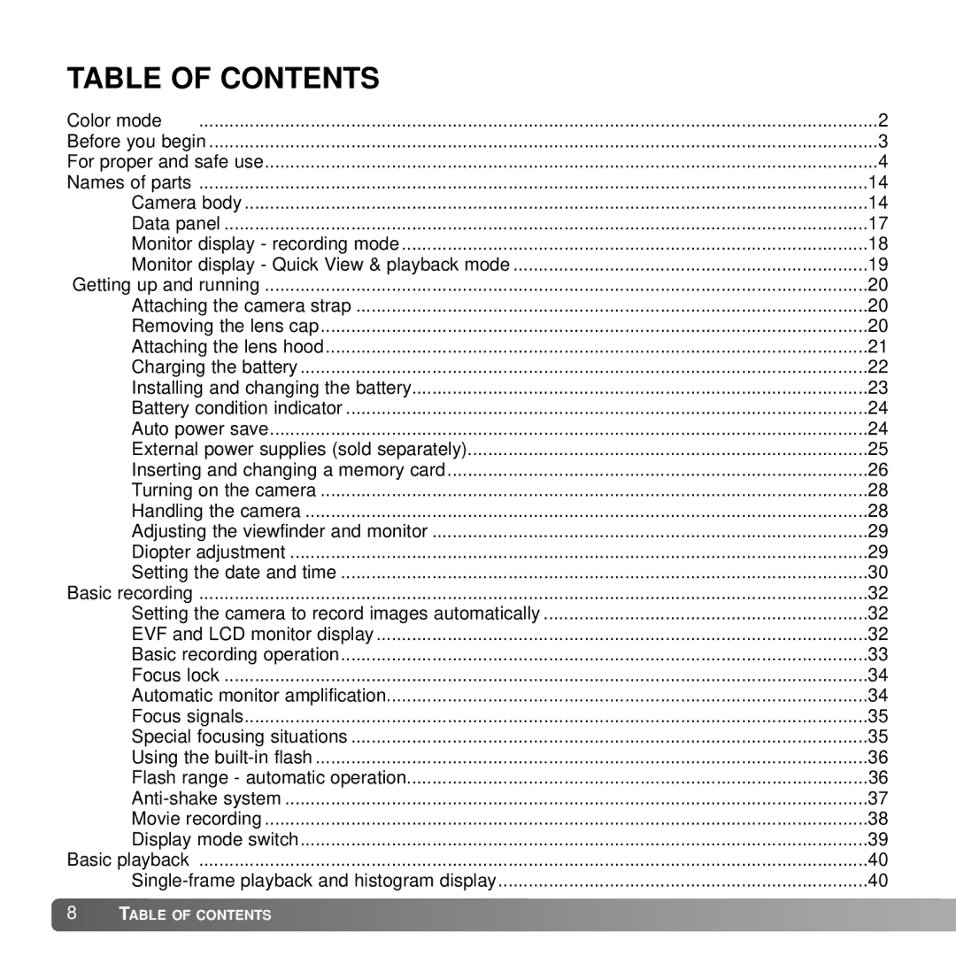 Konica Minolta A2 instruction manual Table of Contents 