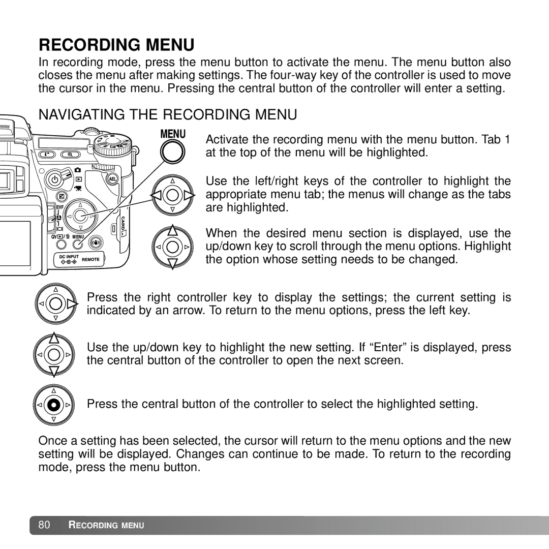 Konica Minolta A2 instruction manual Navigating the Recording Menu 