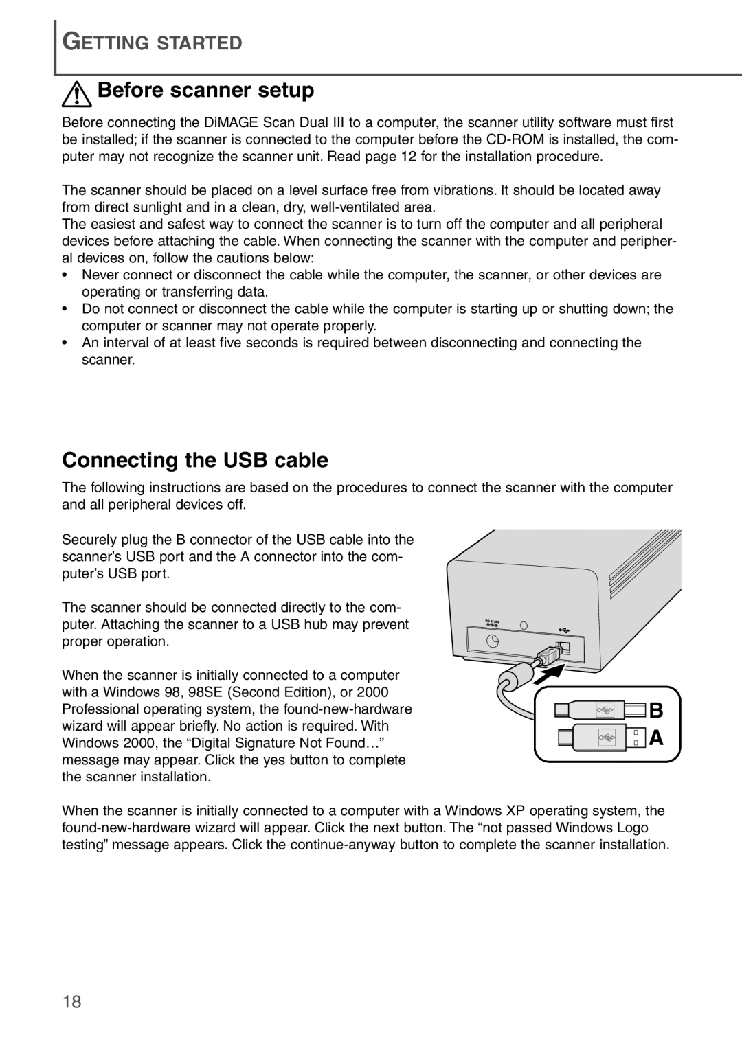 Konica Minolta AF-2840 instruction manual Before scanner setup, Connecting the USB cable, Getting Started 