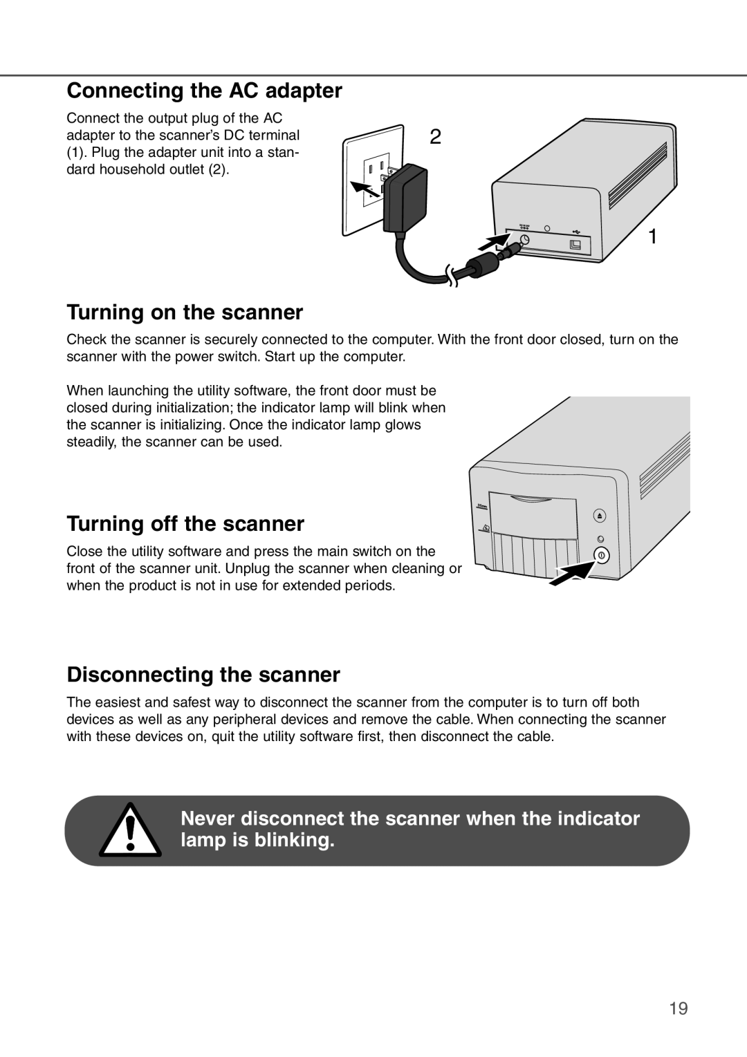 Konica Minolta AF-2840 instruction manual Connecting the AC adapter, Turning on the scanner, Turning off the scanner 