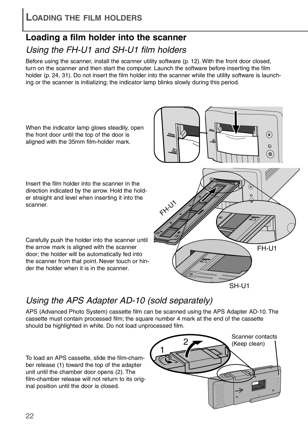 Konica Minolta AF-2840 instruction manual Loading a film holder into the scanner, Using the FH-U1and SH-U1film holders 