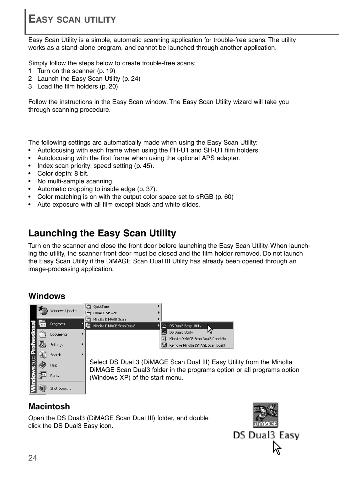 Konica Minolta AF-2840 instruction manual Launching the Easy Scan Utility, Windows, Macintosh 