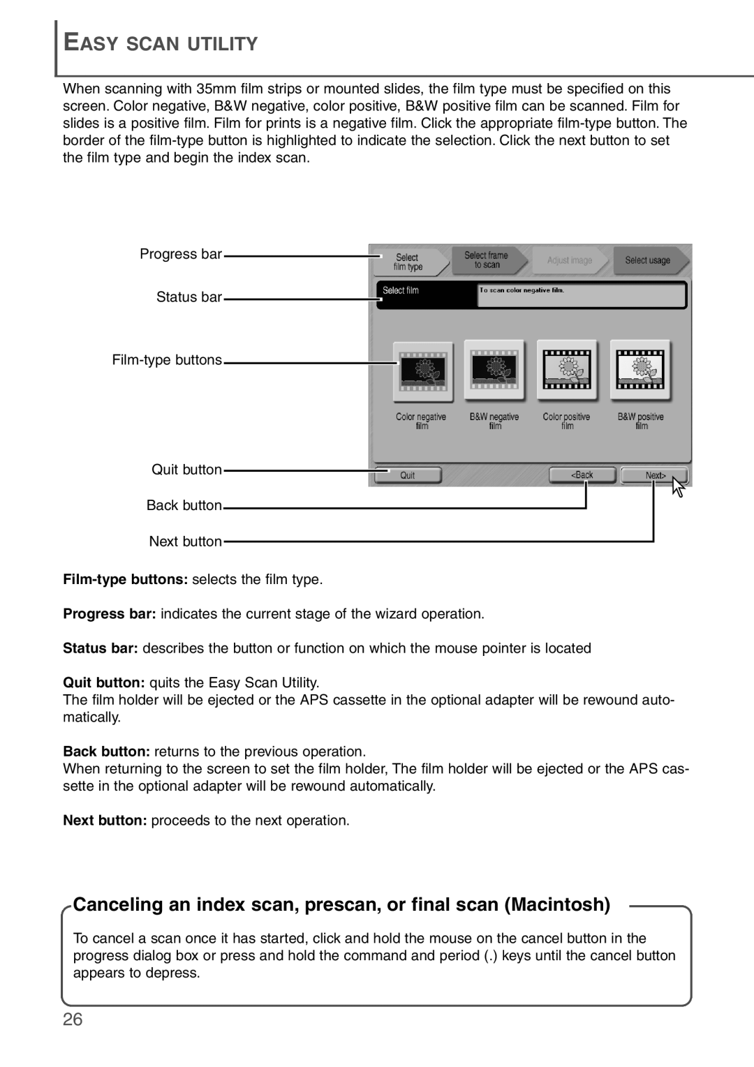 Konica Minolta AF-2840 instruction manual Easy Scan Utility, Progress bar Status bar Film-typebuttons 