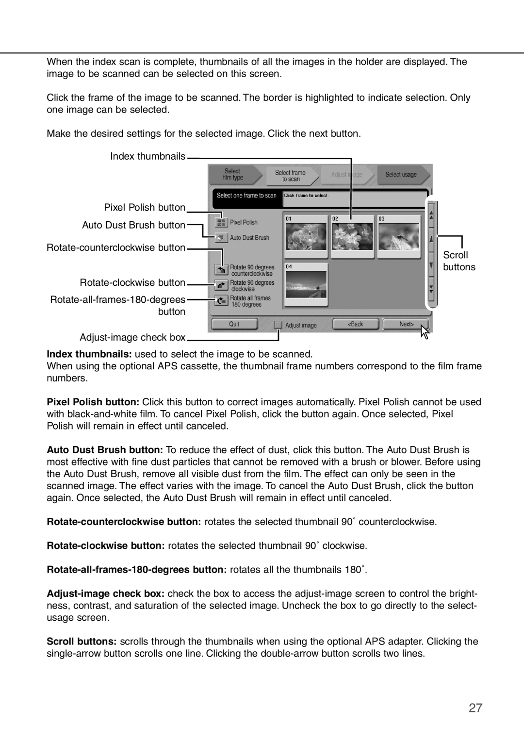 Konica Minolta AF-2840 instruction manual Index thumbnails Pixel Polish button 